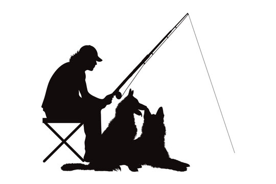 Vector Silhouette Of Man Fishing With His Dog. Symbol Of Sport And Nature.