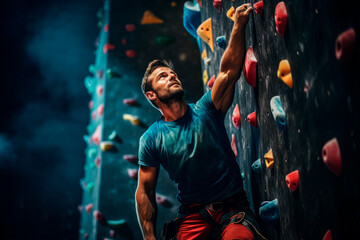 A climber reaching for a challenging hold on an indoor climbing wall - obrazy, fototapety, plakaty