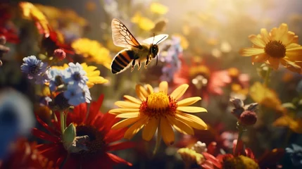Fotobehang Bees and butterflies gracefully pollinating a cluster of wildflowers, showcasing the harmonious coexistence of nature's creatures. © rehman
