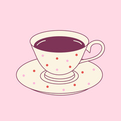 Elegant polka dot cup of tea or coffee. Cute porcelain tableware. Hand drawn ceramic teacup. Morning breakfast. Vintage sticker for card, poster, collage design.