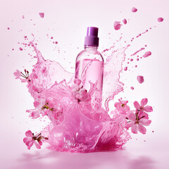 a pink purple bottle, Citronella flower & plant splash, tent splash, white background created with Generative Ai