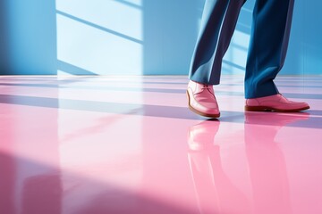 Fototapeta premium Legs of a men in blue trousers wearing pink shoes, walking on pink floor in a room with blue walls. Generative AI