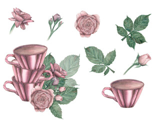 Watercolor set of porcelain pink cups and pink roses with greenery in vintage style, isolate on a white background. Illustration, clipart. Template for the design of postcards, fabrics, dishes,print