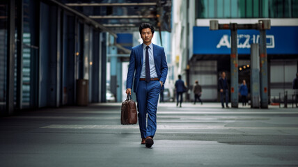 japanese businessman wearing a blue suit walking to work