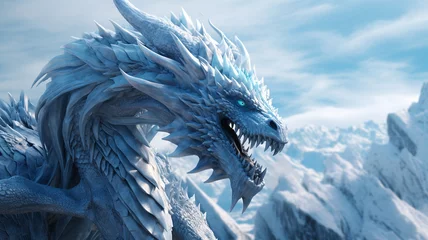 Fotobehang Blue frost giant dragon with scales on winter background © sema_srinouljan