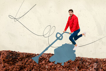 Collage photo of young gardener guy using electrical equipment outdoors vacuum cleaner at dirt...