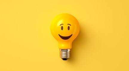Yellow light bulb with happy face - flat lay. yellow background - obrazy, fototapety, plakaty