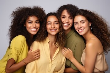 Fototapeta premium Women of different nationalities interact by smiling and embracing friendship. Women of different ages nations races standing around smiling showing support. Support between different women