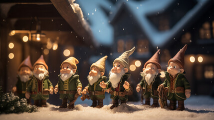 Fototapeta na wymiar A photo realistic image of christmas elves in their village, snowy created with Generative Ai