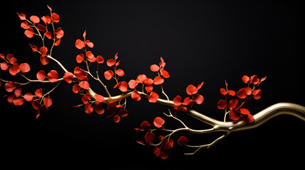 tree branch with red and gold fall leaves against a black bg