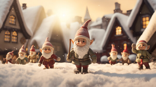 A photo realistic image of christmas elves in their village, snowy created with Generative Ai