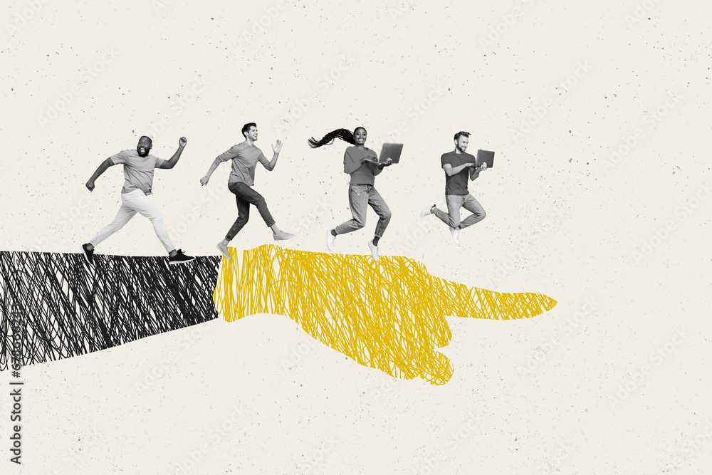 Poster composite collage image banner of teamwork concept boss finger point new challenge for group colleag