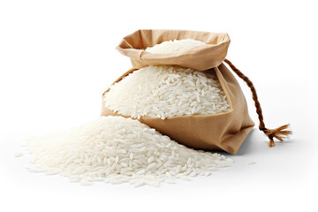 wood bowl and burlap bag of rice isolated on transparent background, png file