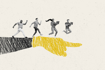 Composite collage image banner of teamwork concept boss finger point new challenge for group...