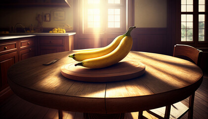 Banane liegt auf dem Tisch in der Küche, Import Bananenstaude Obst Generative AI - obrazy, fototapety, plakaty