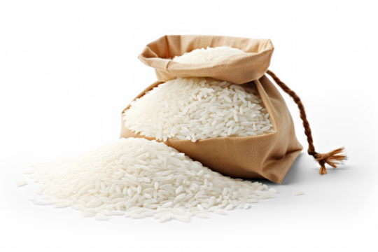 wood bowl and burlap bag of rice isolated on transparent background, png file