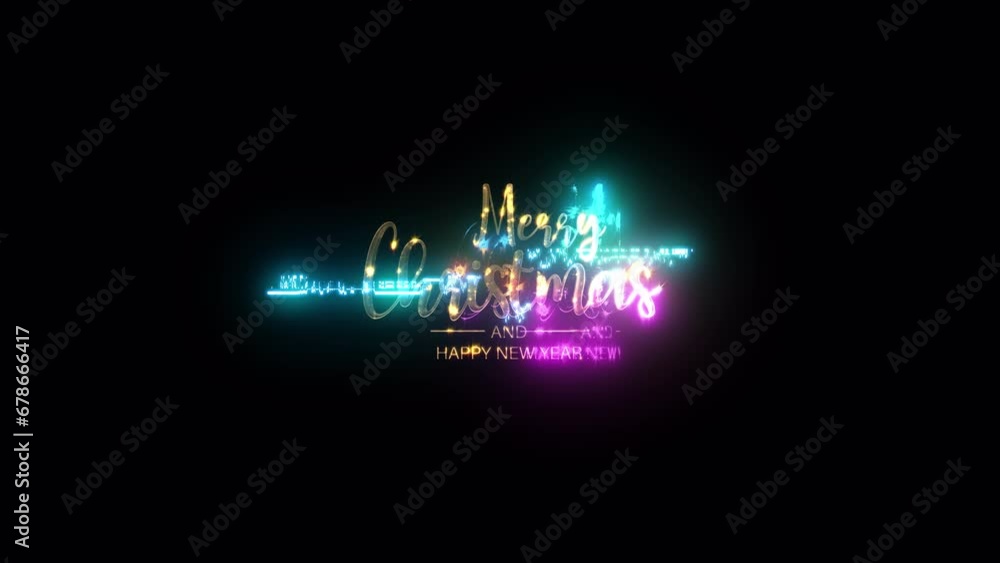 Poster merry christmas and happy new year golden text with light motion glitch cyber punk effect animation 