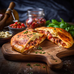 Pizza calzone with basil leaves on a wooden base and classic kitchen