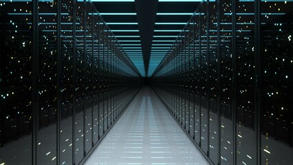 3D generated.Technological Server Racks.Network and data servers in Data Center. Data storage. 3
