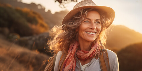 Happy Senior Older Woman Hiking with Backpack at Mountains or Forest. Enjoying nature, having a good time on their retirement.