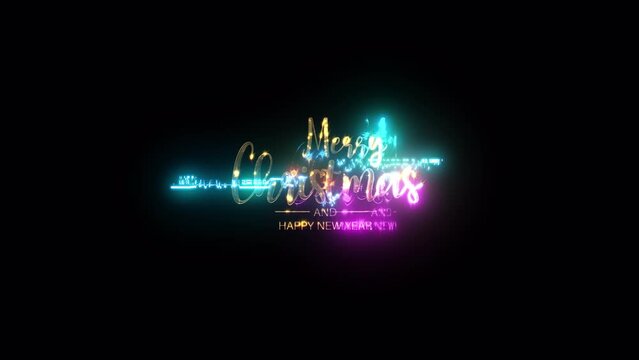 Merry Christmas and Happy New Year golden text with light motion glitch cyber punk effect animation abstract backgrund.Isolated with alpha channel Prores 444 encode. 4K 3D seamless loop typography des