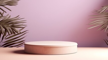 Abstract minimal scene with pink podium and palm leaves