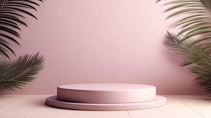 Abstract minimal scene with pink podium and palm leaves