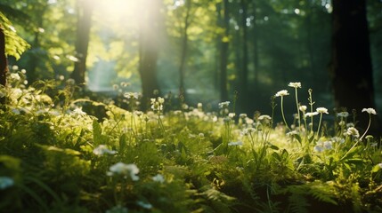 Sunlight piercing through the forest canopy, illuminating a lone, exquisite wildflower.