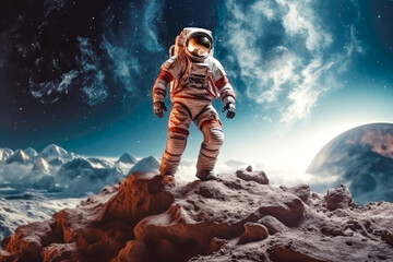 Shot of astronaut dressed in his full safety gear walking on rock surface with spectacular space in the background, traveling in space concept
