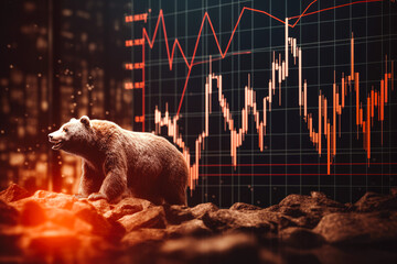 Brown bear market concept with stock chart digital numbers in the background, financial risk, red price drop down chart, global economic in crisis - obrazy, fototapety, plakaty