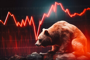 Brown bear market concept with stock chart digital numbers in the background, financial risk, red price drop down chart, global economic in crisis