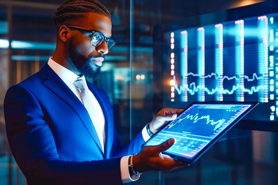 African american male financial analyst focusing on examining stock display in his office, successful business man analyzing data from electronic tablet