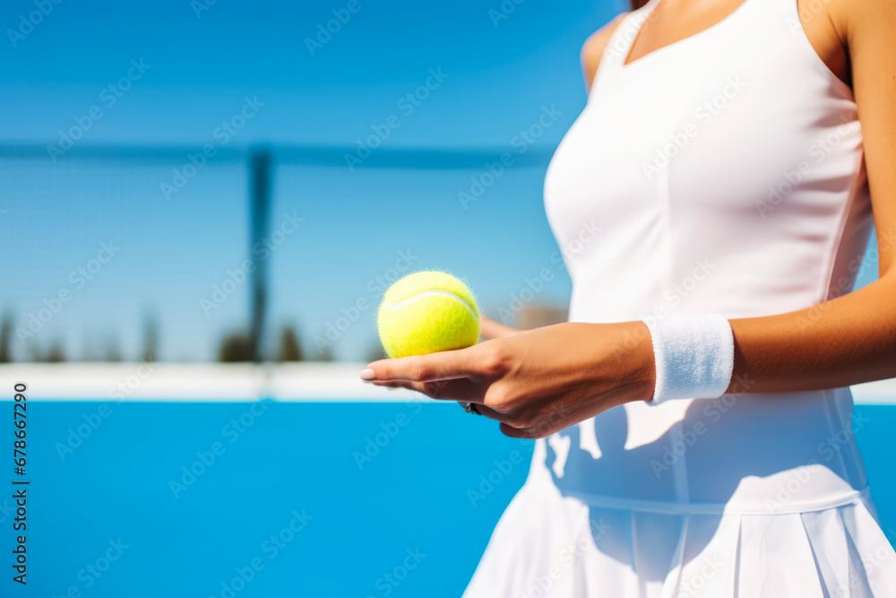 Wall mural partial view of sportive young woman holding tennis ball in her hand with blue background, close up 