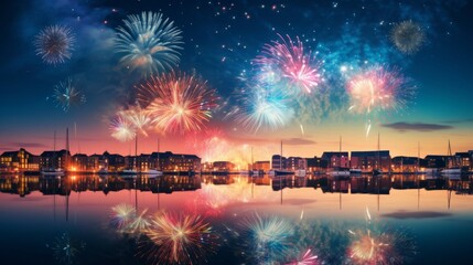 Fototapeta premium Colorful fireworks over the cityscape with sea and skyline at night