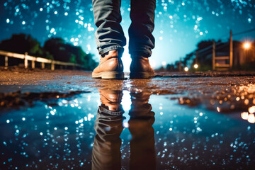 Close up of man's feet standing in front of a puddle with reflection of spectacularly beautiful night sky and space in the background - obrazy, fototapety, plakaty
