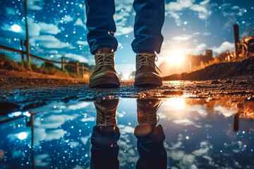 Close up of man's feet standing in front of a puddle with reflection of spectacularly beautiful night sky and space in the background - Powered by Adobe