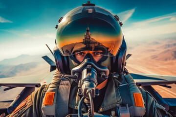 Portrait of soldier pilot with helmet and safety mask flying in cockpit on a secret mission, air force military army in training - Powered by Adobe