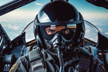 Fototapeta premium Portrait of soldier pilot with helmet and safety mask flying in cockpit on a secret mission, air force military army in training