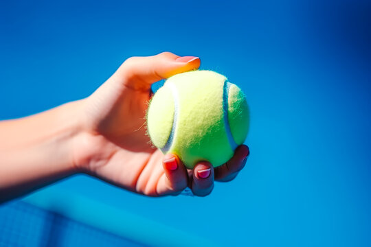 Partial view of sportive young woman holding tennis ball in her hand with blue background, close up shot of brand new tennis ball