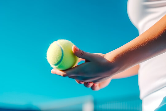 Partial view of sportive young woman holding tennis ball in her hand with blue background, close up shot of brand new tennis ball