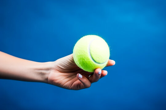 Partial view of sportive young woman holding tennis ball in her hand with blue background, close up shot of brand new tennis ball