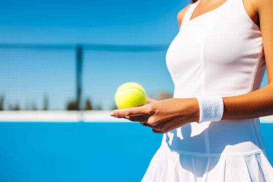 Partial view of sportive young woman holding tennis ball in her hand with blue background, close up shot of brand new tennis ball