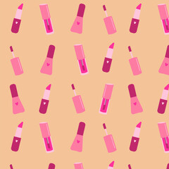 Cosmetic seamless pattern, seamles print with pink lipstick, nail polish. Trendy pink vector pattern