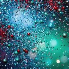 Dark space background with Christmas lights and neon color glitter. Abstract background or wallpaper with blurred bokeh and small shiny splashes
