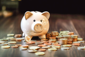 Close up of piggy bank standing on coins symbolizing saving and good money investments, economic market concept, putting money in bank account for saving