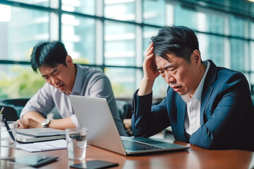 Two asian businessmen feeling tired and upset or sad because of too much work, stressful situation at work place, exhausted employees - obrazy, fototapety, plakaty