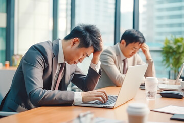 Two asian businessmen feeling tired and upset or sad because of too much work, stressful situation...