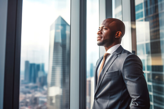 African american businessman dressed in suit and looking through his office window with big city in the background, focus thinking about business