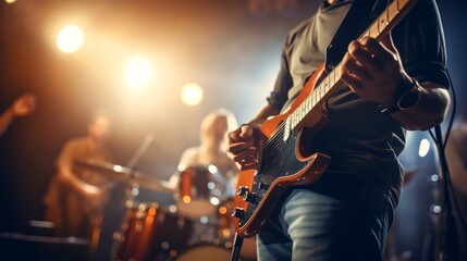 Musician playing electric guitar on stage during live music concert in nightclub