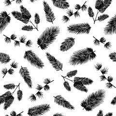 Seamless pattern with spruce and pine tree branches. Winter Christmas branches, hand drawn twigs.